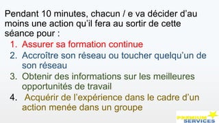 Pendant 10 minutes, chacun / e va décider d’au
moins une action qu’il fera au sortir de cette
séance pour :
1. Assurer sa formation continue
2. Accroître son réseau ou toucher quelqu’un de
son réseau
3. Obtenir des informations sur les meilleures
opportunités de travail
4. Acquérir de l’expérience dans le cadre d’un
action menée dans un groupe
 