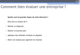 Comment bien évaluer une entreprise ?
Quelles sont les grandes étapes de cette démarche ?
Elles sont au nombre de 4 :
• Réaliser un diagnostic
• Réaliser un business plan
• Appliquer des méthodes multiples et adaptées
• Mener une analyse pour apprécier les résultats
12
 