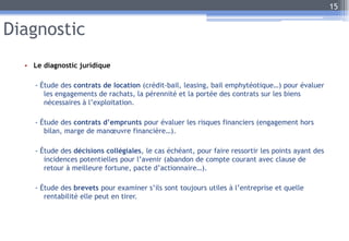 Diagnostic
• Le diagnostic juridique
- Étude des contrats de location (crédit-bail, leasing, bail emphytéotique…) pour évaluer
les engagements de rachats, la pérennité et la portée des contrats sur les biens
nécessaires à l’exploitation.
- Étude des contrats d’emprunts pour évaluer les risques financiers (engagement hors
bilan, marge de manœuvre financière…).
- Étude des décisions collégiales, le cas échéant, pour faire ressortir les points ayant des
incidences potentielles pour l’avenir (abandon de compte courant avec clause de
retour à meilleure fortune, pacte d’actionnaire…).
- Étude des brevets pour examiner s’ils sont toujours utiles à l’entreprise et quelle
rentabilité elle peut en tirer.
15
 