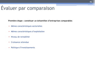 Évaluer par comparaison
Première étape : constituer un échantillon d’entreprises comparables
• Mêmes caractéristiques sectorielles
• Mêmes caractéristiques d’exploitation
• Niveau de rentabilité
• Croissance attendue
• Politique d’investissements
42
 