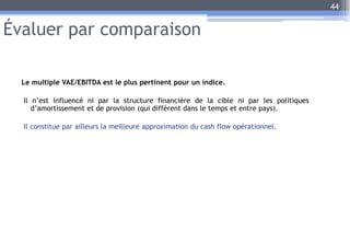 Évaluer par comparaison
Le multiple VAE/EBITDA est le plus pertinent pour un indice.
Il n’est influencé ni par la structure financière de la cible ni par les politiques
d’amortissement et de provision (qui diffèrent dans le temps et entre pays).
Il constitue par ailleurs la meilleure approximation du cash flow opérationnel.
44
 
