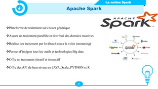 21
Apache Spark
4
Plateforme de traitement sur cluster générique
Assure un traitement parallèle et distribué des données massives
Réalise des traitement par lot (batch) ou a la volée (streaming)
Permet d’intégrer tous les outils et technologies Big data
Offre un traitement itératif et interactif
Offre des API de haut niveau en JAVA, Scala ,PYTHON et R
La notion Spark
 