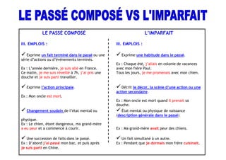 LE PASSÉ COMPOSÉ L’IMPARFAIT
I. Formation: I. Formation:
RADICAL 1ère
pers pluriel PRÉSENT INDICATIF
Nous parlons  PARL-
1) ÊTRE : 2 cas Nous venons  VEN- TERMINAISONS
 verbes pronominaux (se laver- se lever...) Nous allons  ALL-
 14 verbes et leurs dérivés :
aller- venir- entrer- sortir- naître- mourir- arriver- Je parlais
partir- monter- descendre-retourner- passer- rester- Tu parlais
tomber Il parlait
Nous parlions
2) AVOIR : tous les autres cas Vous parliez
Ils parlaient
II. ACCORDS :
EXCEPTION ! Le verbe ÊTRE (j’étais, tu étais, il
était, nous étions, vous étiez, ils étaient)
1) ÊTRE  On fait toujours l’accord entre le sujet
et le participe passé. ATTENTION AUX MODIFICATIONS DE
L’ORTHOGRAPHE !!
Paul est arrivé hier soir et Marie est venue ce matin.  verbes en –GER  mangeons- mangions
 verbes en –CER  plaçons- placions
2) AVOIR  On fait uniquement l’accord s’il y a  verbes en –YER  payons- payions
un COD devant le verbe. L’accord se fait entre le  verbes en –IER  étudions- étudiions
participe passé et le COD.
Voici la table que tu as achetée l’année dernière. II. ACCORDS : Pas d’accord
Auxiliaire ÊTRE (1) ou AVOIR (2) + p. passé
-AIS
-AIS
-AIT
-IONS
-IEZ
-AIENT
 