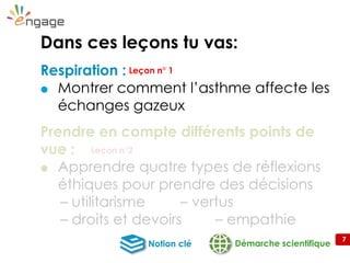 7
Dans ces leçons tu vas:
Respiration :
 Montrer comment l’asthme affecte les
échanges gazeux
Prendre en compte différents points de
vue :
 Apprendre quatre types de réflexions
éthiques pour prendre des décisions
– utilitarisme – vertus
– droits et devoirs – empathie
Démarche scientifiqueNotion clé
Leçon n° 1
Leçon n°2
 
