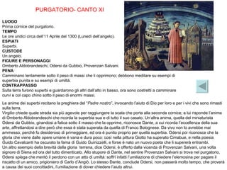     Le anime dei superbi recitano la preghiera del “ Padre nostro ”, invocando l’aiuto di Dio per loro e per i vivi che sono rimasti sulla terra.  Virgilio chiede quale strada sia più agevole per raggiungere la scala che porta alla seconda cornice; a lui risponde l’anima di Omberto Aldobrandeschi che ricorda la superbia sua e di tutto il suo casato. Un’altra anima, quella del miniaturista Odersi da Gubbio, girandosi a fatica sotto il masso che la opprime, riconosce Dante, a cui ricorda l’eccellenza della sua arte, affrettandosi a dire però che essa è stata superata da quella di Franco Bolognese. Da vivo non lo avrebbe mai ammesso, perché fu desideroso di primeggiare, ed ora è punito proprio per quella superbia. Odersi poi riconosce che la gloria che viene dalle opere umane è vana e dura poco: così nella pittura Giotto ha superato Cimabue, e nella poesia Guido Cavalcanti ha oscurato la fama di Guido Guinizzelli, e forse è nato un nuovo poeta che li supererà entrambi. Un altro esempio della brevità della gloria  terrena, dice Odersi, è offerto dalla vicenda di Provenzan Salvani, una volta signore di Siena ed ora del tutto dimenticato. Allo stupore di Dante, nel sentire Provenzan Salvani si trova nel purgatorio, Odersi spiega che meritò il perdono con un atto di umiltà: soffrì infatti l’umiliazione di chiedere l’elemosina per pagare il riscatto di un amico, prigioniero di Carlo d’Angiò. Lo stesso Dante, conclude Odersi, non passerà molto tempo, che proverà a causa dei suoi concittadini, l’umiliazione di dover chiedere l’aiuto altrui.              LUOGO Prima cornice del purgatorio. TEMPO Le ore undici circa dell’11 Aprile del 1300 (Lunedì dell’angelo). ESPIATI Superbi. CUSTODE Un angelo. FIGURE E PERSONAGGI Omberto Aldobrandeschi, Odersi da Gubbio, Provenzan Salvani. PENA Camminano lentamente sotto il peso di massi che li opprimono; debbono meditare su esempi di superbia punita e su esempi di umiltà. CONTRAPPASSO Sulla terra furono superbi e guardarono gli altri dall’alto in basso, ora sono costretti a camminare curvi e col capo chino sotto il peso di enormi massi. PURGATORIO- CANTO XI 