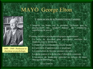 MAYO  George Elton L’étude au sein de la Western Electric Company L’enquête est basée sur le postulat Taylorien que la productivité des salariés dépend des conditions matérielles de travail. D’autres variables psychosociologiques apparaissent :  Un style de direction plus participatif améliore les rapports avec la hiérarchie. Le besoin de reconnaissance (statut social).  Le sentiment d’appartenance à un groupe. La satisfaction de besoins sociaux (sécurité…). La participation à la recherche d’objectifs communs. L’existence de leadership informel en dehors de toute structure hiérarchique. Xavier ZANCHI 1880 – 1949 : Professeur et chercheur en psychologie. 