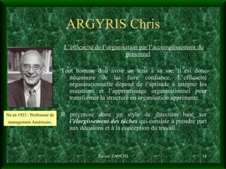 ARGYRIS Chris L’efficacité de l’organisation par l’accomplissement du personnel Tout homme doit avoir un sens à sa vie, il est donc nécessaire de lui faire confiance. L’efficacité organisationnelle dépend de l’aptitude à intégrer les mutations et l’apprentissage organisationnel pour transformer la structure en organisation apprenante. Il préconise donc un style de direction basé sur  l’élargissement des tâches  qui consiste à prendre part aux décisions et à la conception du travail. Xavier ZANCHI Né en 1923 : Professeur de management Américain . 