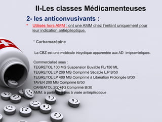 II-Les classes Médicamenteuses
2- les anticonvusivants :
• Utilisés hors AMM : ont une AMM chez l’enfant uniquement pour
leur indication antiépileptique.
* Carbamazépine
La CBZ est une molécule tricyclique apparentée aux AD imipraminiques.
Commercialisé sous :
TEGRETOL 100 MG Suspension Buvable FL/150 ML
TEGRETOL LP 200 MG Comprimé Sécable L.P B/50
TEGRETOL LP 400 MG Comprimé à Libération Prolongée B/30
TAVER 200 MG Comprimé B/50
CARBATOL 200 MG Comprimé B/30
AMM: à partir de 3 ans à visée antiépileptique
 
