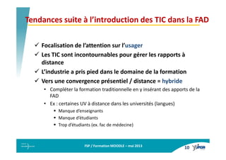 FSP / Formation MOODLE – mai 2013
Tendances suite à l’introduction des TIC dans la FADTendances suite à l’introduction des...