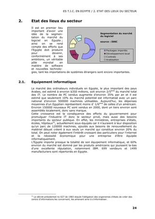 ES T.I.C. EN EGYPTE / 2. ETAT DES LIEUX DU SECTEUR
24
2. Etat des lieux du secteur
Il est en premier lieu
important d’avoir une
idée de la segmen-
tation du marché du
logiciel en Egypte ;
ainsi on se rend
compte des efforts que
l’Egypte doit produire
pour devenir,
conformément à ses
ambitions, un véritable
pôle mondial en
matière de software
et nouvelles technolo-
Segmentation du marché
du logiciel
source : IDSC
55%
19%
16%
10%
Packages importés
Développement local
Contrats
Arabisation
gies, tant les importations de systèmes étrangers sont encore importantes.
2.1. Equipement informatique
Le marché des ordinateurs individuels en Egypte, le plus important des pays
Arabes, est estimé à environ $350 millions, soit environ 2/5ème
du marché total
des IT. Le nombre de PC vendus augmente d’environ 35% par an et il est
estimé que seulement 10% du marché potentiel est informatisé avec un parc
national d’environ 500000 machines utilisables. Aujourd’hui, les dépenses
moyennes d’un Egyptien représentent moins d’ 1/6ème
de celles d’un américain.
Environ 150000 nouveaux PC sont vendus en 2000, dont un tiers environ sont
assemblés localement, donc sans marque.
Cette croissance est la conséquence des efforts du gouvernement pour
promulguer l’industrie IT donc le secteur privé, mais aussi des besoins
importants du secteur publique. En effet, les ministères, entreprises d’états,
écoles, hôpitaux52
, actuellement sous-équipés car il n’auraient à leur disposition
qu’un parc de 120000 machines, ajoutés aux besoins de renouvellement du
matériel désuet créent à eux seuls un marché qui constitue environ 20% du
total. On peut noter également l’intérêt croissant des particuliers pour l’internet
et la nécessité économique pour une entreprise d’être équipée
informatiquement.
L’Egypte importe presque la totalité de son équipement informatique, et 60%
environ du marché est dominé par les produits américains qui jouissent la-bas
d’une excellente réputation, notamment IBM. 699 vendeurs et 1499
manufacturiers sont répertoriés en Egypte.
52
Le décret présidentiel no 627 de 1983 stipule l’obligation des organismes d’états de créer des
centre d’informations les concernant, les amenant ainsi à s’informatiser.
 