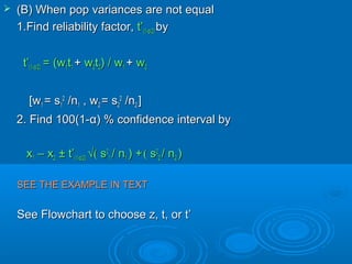  (B) When pop variances are not equal(B) When pop variances are not equal
1.Find reliability factor,1.Find reliability factor, t’t’(1-(1-αα/2)/2) byby
t’t’(1-(1-αα/2)/2) = (w= (w11tt11 ++ ww22tt22) / w) / w11 ++ ww22
[w[w11 = s= s11
22
/n/n11 ,, ww22 = s= s22
22
/n/n22 ]]
2. Find 100(1-2. Find 100(1-αα) % confidence interval by) % confidence interval by
xx11 – x– x22 ± t’± t’(1-(1-αα/2)/2) √(√( ss22
11 / n/ n11 ) +) +(( ss22
22 / n/ n22 ))
SEE THE EXAMPLE IN TEXTSEE THE EXAMPLE IN TEXT
See Flowchart to choose z, t, or t’See Flowchart to choose z, t, or t’
 