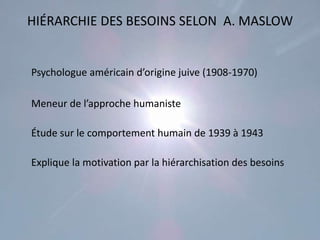 HIÉRARCHIE DES BESOINS SELON A. MASLOW


Psychologue américain d’origine juive (1908-1970)

Meneur de l’approche humaniste

Étude sur le comportement humain de 1939 à 1943

Explique la motivation par la hiérarchisation des besoins
 
