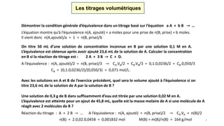 Les titrages volumétriques
On titre 50 mL d’une solution de concentration inconnue en B par une solution 0,1 M en A.
L’équivalence est obtenue après avoir ajouté 23,6 mL de la solution de A. Calculer la concentration
en B si la réaction de titrage est : 2 A + 3 B → C + D.
A l’équivalence : n(A, ajouté)/2 = n(B, prise)/3 → CA.VA/2 = CB.VB/3 = 0,1.0,0236/2 = CB.0,050/3
CB = (0,1.0,0236/2)/(0,050/3) = 0,071 mol/L.
Avec les solutions en A et B de l’exercice précédent, quel sera le volume ajouté à l’équivalence si on
titre 23,6 mL de la solution de A par la solution de B ?
Une solution de 0,3 g de B dans suffisamment d’eau est titrée par une solution 0,02 M en A.
L’équivalence est atteinte pour un ajout de 45,8 mL, quelle est la masse molaire de A si une molécule de A
réagit avec 2 molécules de B ?
Réaction du titrage : A + 2 B → … A l’équivalence : n(A, ajouté) = n(B, prise)/2 → CA.VA = n(B)/2
n(B) = 2.0,02.0,0458 = 0,001832 mol M(B) = m(B)/n(B) = 164 g/mol
Démontrer la condition générale d’équivalence dans un titrage basé sur l’équation a A + b B → …
L’équation montre qu’à l’équivalence n(A, ajouté) = a moles pour une prise de n(B, prise) = b moles.
Il vient donc n(A,ajouté)/a = 1 = n(B, prise)/b
2
 