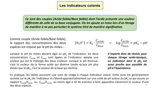 21
Les indicateurs colorés
Ce sont des couples (Acide faible/Base faible) dont l’acide présente une couleur
différente de celle de sa base conjuguée. On les ajoute en trace lors d’un titrage
de manière à ne pas perturber le système titré de manière significative.
Comme couple (Acide faible/Base faible),
le rapport des concentrations des deux
espèces est imposé par le pH du milieu :
𝐻3 𝑂+ = 𝐾 𝑎 ∙
𝐶 𝑎𝑐𝑖𝑑𝑒
𝐶 𝑏𝑎𝑠𝑒
→ log
𝐶 𝑎𝑐𝑖𝑑𝑒
𝐶 𝑏𝑎𝑠𝑒
= 𝑝𝐾 𝑎 − 𝑝𝐻
Lorsque le pH du milieu devient égal au pKa de l’indicateur, les deux
concentrations Cacide et Cbase sont égales et l’indicateur adopte une
couleur qui est le mélange des deux couleurs. Lorsque le pH diminue,
c’est la couleur de la forme acide qui domine tandis qu’aux pH plus
élevés que le pKa, c’est la couleur de la base qui domine.
Il importe donc de choisir, pour
chaque titrage acido-basique,
un indicateur dont le pKa est
aussi proche que possible du
pH à l’équivalence.
En pratique, les tables associent une zone de virage à chaque indicateur coloré. Cette zone est généralement
centrée sur le pKa de l’indicateur et s’étend approximativement sur une unité de pH autour du pKa ce qui assure un
rapport Cacide/Cbase ou Cbase/Cacide au moins égal à 10 de manière à faire apparaître clairement la couleur d’une
des deux espèces.
 