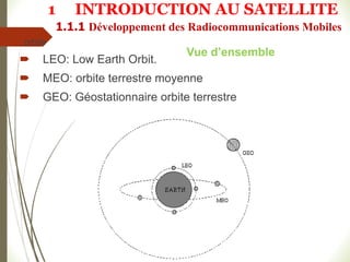 : orbite
 LEO: Low Earth Orbit.
 MEO: orbite terrestre moyenne
 GEO: Géostationnaire orbite terrestre
Vue d’ensemble
1 INTRODUCTION AU SATELLITE
1.1.1 Développement des Radiocommunications Mobiles
 