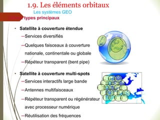 Les systèmes GEO
Deux types principaux
• Satellite à couverture étendue
─Services diversifiés
─Quelques faisceaux à couverture
nationale, continentale ou globale
─Répéteur transparent (bent pipe)
• Satellite à couverture multi-spots
─Services interactifs large bande
─Antennes multifaisceaux
─Répéteur transparent ou régénérateur
avec processeur numérique
─Réutilisation des fréquences
1.9. Les éléments orbitaux
 