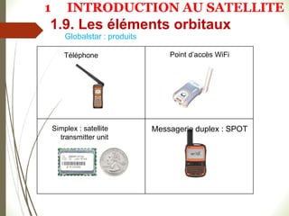 Globalstar : produits
Téléphone Point d’accès WiFi
Simplex : satellite
transmitter unit
Messagerie duplex : SPOT
1.9. Les éléments orbitaux
1 INTRODUCTION AU SATELLITE
 