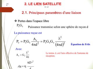  Pertes dans l’espace libre
 2
2
r
t
t
2
r
t
t
r
d
4
G
G
P
d
4
A
G
P
P





t
tG
P Puissance transmise selon une sphère de rayon d
La puissance reçue est
Avec



4
G
A
2
r
r
Équation de Friis
2.1. Principaux paramètres d’une liaison
2. LE LIEN SATELLITE
D 2
AR 4
Le terme Ar est l'aire effective de l'antenne de
réception.
 