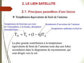  Température équivalente de bruit de l’antenne
o
s
A T
)
1
(
T
T 



Rendement d’ouverture de l’antenne
Température ambiante en Kelvin
Température de bruit due aux ions
de l’atmosphère, à la foudre, absorption
atmosphérique…
La plus grande contribution à la température
équivalente de bruit de l’antenne reste due aux lobes
secondaires dans le diagramme de rayonnement, qui
sont dirigés vers le sol.
2.1. Principaux paramètres d’une liaison
2. LE LIEN SATELLITE
 