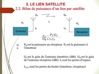 Emetteur Recepteur
GT GR
L
PT PR
PR
PT GT
GR
LT LR
O
ù
L LT LR
PR est la puissance au récepteur PT est la puissance à
l’émetteur
GT est le gain de l’antenne émettrice (dBi) GR est le gain
de l’antenne réceptrice (dBi) L sont les pertes d’espace
LT,R sont les pertes du feeder (émetteur, récepteur)
2.2. Bilan de puissance d’un lien par satellite
2. LE LIEN SATELLITE
 