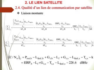  
kB
1
T
L
G
L
EIRP
B
kT
L
L
G
EIRP
B
kT
L
L
G
G
P
B
kT
L
L
G
G
L
P
N
C
s
,
s
s
,
feed
s
,
r
f
b
s
,
s
f
s
,
feed
s
,
r
b
s
,
s
f
s
,
feed
s
,
r
b
,
t
b
,
t
s
,
s
f
s
,
feed
s
,
r
b
,
t
b
,
feed
b
,
out
U



























 
k
1
T
L
G
L
EIRP
kT
L
L
G
EIRP
kT
L
L
G
G
P
kT
L
L
G
G
L
P
N
C
s
,
s
s
,
feed
s
,
r
f
b
s
,
s
f
s
,
feed
s
,
r
b
s
,
s
f
s
,
feed
s
,
r
b
,
t
b
,
t
s
,
s
f
s
,
feed
s
,
r
b
,
t
b
,
feed
b
,
out
U
0





























 Liaison montante
 
dBHz
6
.
228
L
T
G
L
EIRP
k
T
L
G
L
G
L
P
N
/
C
s
,
feed
s
,
s
s
,
r
f
b
s
,
s
s
,
feed
s
,
r
f
b
,
t
b
,
feed
b
,
out
U
o














2.4. Qualité d’un lien de communication par satellite
2. LE LIEN SATELLITE
 