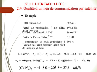 b
feed
L ,
EIRP du satellite 30.5 dB
Pertes de propagation ( 1.5 GHz,
d=41.097 km)
199.4 dB
Gain de l’antenne du AESS 14.0 dBi
Pertes de l’alimentation 3.0 dB
Température de bruit équivalente à
l’entrée de l’amplificateur faible bruit
de la station de base
300 K
dB
L
G
L
EIRP
C b
feed
b
r
f
b 0
.
148
3
0
.
14
5
.
188
5
.
30
,
, 









Hz
dB
T
k
N b
s
o /
.
)
log(
.
)
log(
)
log( , 8
203
300
10
6
228
10
10 






dBHz
N
C D
o 8
.
55
8
.
203
0
.
148
)
/
( 



 Exemple
2.4. Qualité d’un lien de communication par satellite
2. LE LIEN SATELLITE
 