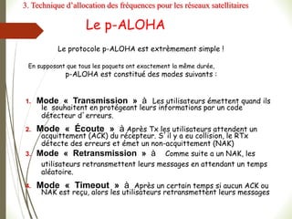 Le p-ALOHA
1. Mode « Transmission » à Les utilisateurs émettent quand ils
le souhaitent en protégeant leurs informations par un code
détecteur d’erreurs.
2. Mode « Écoute » à Après Tx les utilisateurs attendent un
acquittement (ACK) du récepteur. S’il y a eu collision, le RTx
détecte des erreurs et émet un non-acquittement (NAK)
3. Mode « Retransmission » à Comme suite a un NAK, les
utilisateurs retransmettent leurs messages en attendant un temps
aléatoire.
4. Mode « Timeout » à Après un certain temps si aucun ACK ou
NAK est reçu, alors les utilisateurs retransmettent leurs messages
Le protocole p-ALOHA est extrèmement simple !
En supposant que tous les paquets ont exactement la même durée,
p-ALOHA est constitué des modes suivants :
3. Technique d’allocation des fréquences pour les réseaux satellitaires
 