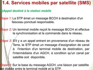 52
b)Appel destiné à la station mobile
Etape 1: La STP émet un message BCCH à destination d'un
faisceau ponctuel responsable.
Etape 2: Un terminal mobile reçoit le message BCCH et effectue
la synchronisation et la commande dans le réseau.
Etape 3: S'il y a un appel entrant en provenance d'un réseau de
Terre, la STP émet un message d'assignation de canal
à l'intention d'un terminal mobile de destination, par
l'intermédiaire d'un AGCH, à condition qu'un canal par
satellite soit disponible.
Etape 4: Sur la base du message AGCH, une liaison par satellite
est établie entre le terminal mobile et la STP.
1.4. Services mobiles par satellite (SMS)
 
