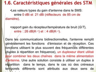 99
•Les valeurs types du gain d'antenne dans le SMS:
entre 0 dBi et 21 dBi (réflecteurs de 85 cm de
diamètre).
•rapport gain du récepteur/température de bruit (G/T),
entre 26 dB(K–1) et 4 dB(K–1).
Dans les communications bidirectionnelles, l'antenne remplit
généralement les fonctions d'émission et de réception. Ces
fonctions utilisent le plus souvent des fréquences différentes
(duplex à répartition en fréquence), un duplexeur étant utilisé
pour combiner les deux chaînes dans la même alimentation
d'antenne. Une autre solution consiste à utiliser un duplex à
répartition dans le temps, dans le cas où des créneaux
temporels différents sont attribués aux deux sens de
1.6. Caractéristiques générales des STM
 