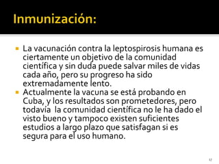    La vacunación contra la leptospirosis humana es
    ciertamente un objetivo de la comunidad
    científica y sin duda puede salvar miles de vidas
    cada año, pero su progreso ha sido
    extremadamente lento.
   Actualmente la vacuna se está probando en
    Cuba, y los resultados son prometedores, pero
    todavía la comunidad científica no le ha dado el
    visto bueno y tampoco existen suficientes
    estudios a largo plazo que satisfagan si es
    segura para el uso humano.

                                                        17
 