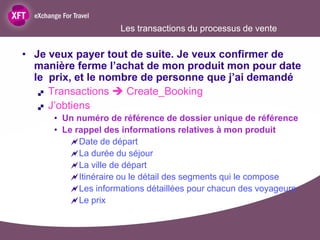 Les transactions du processus de vente

• Je veux payer tout de suite. Je veux confirmer de
  manière ferme l’achat de mon produit mon pour date
  le prix, et le nombre de personne que j’ai demandé
    Transactions  Create_Booking

    J’obtiens

     • Un numéro de référence de dossier unique de référence
     • Le rappel des informations relatives à mon produit
         Date de départ
         La durée du séjour
         La ville de départ
         Itinéraire ou le détail des segments qui le compose
         Les informations détaillées pour chacun des voyageurs
         Le prix
 