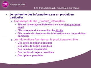 Les transactions du processus de vente

• Je recherche des informations sur un produit en
  particulier
    Transaction  Get _Product_Information

        • Elle est davantage utilisée dans le cadre d’un parcours
          court
        • Elle correspond à une recherche étroite
        • Elle permet de récupérer des informations sur un produit en
          particulier
      Les informations fournies sur le produit peuvent être :
        •   Des dates de départ possibles
        •   Des villes de départ possibles
        •   Des pensions disponibles
        •   Des durées du séjour possibles
        •   Des options possibles
 