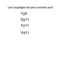Les couplages les plus courants sont :

          Yy0
          Dy11
          Yz11

          Yd11
 