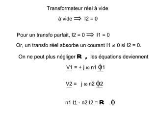 Transformateur réel à vide
                  à vide ⇒ I2 = 0


Pour un transfo parfait, I2 = 0 ⇒ I1 = 0
Or, un transfo réel absorbe un courant I1 ≠ 0 si I2 = 0.

 On ne peut plus négliger   R,   les équations deviennent

                      V1 = + j ω n1 φ1


                      V2 = j ω n2 φ2


                      n1 I1 - n2 I2 =   R φ
 