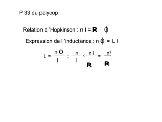 P 33 du polycop


 Relation d ’Hopkinson : n I =   R φ
  Expression de l ’inductance : n φ = L I

              nφ       n    nI       n2
         L=        =             =
               I       I
                            R        R
 