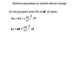Schéma équivalent du transfo réel en charge


En les groupant avec R2 et   l2, on pose :
 Rs = R2 + ( n2 )2 .R1
             n1

           n2 )2
  s = 2 +(
 l l               l1
           n1 .
 