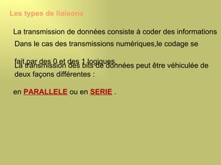 Les types de liaisons

 La transmission de données consiste à coder des informations
 Dans le cas des transmissions numériques,le codage se

 fait par des 0 et des 1 logiques.
 La transmission des bits de données peut être véhiculée de
 deux façons différentes :

 en PARALLELE ou en SERIE .
 