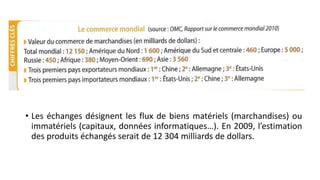 • Les échanges désignent les flux de biens matériels (marchandises) ou 
immatériels (capitaux, données informatiques…). En 2009, l’estimation 
des produits échangés serait de 12 304 milliards de dollars. 
 