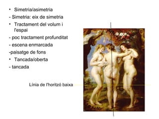 Simetria/asimetria - Simetria: eix de simetria Tractament del volum i l'espai - poc tractament profunditat - escena enmarcada -paisatge de fons Tancada/oberta - tancada Línia de l'horitzó baixa 