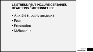 FIRSTUP
CONSULTANTS
LE STRESS PEUT INCLURE CERTAINES
RÉACTIONS ÉMOTIONNELLES
• Anxiété (trouble anxieux)
• Peur
• Frustration
• Mélancolie
 