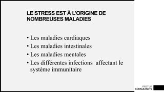 FIRSTUP
CONSULTANTS
LE STRESS EST À L’ORIGINE DE
NOMBREUSES MALADIES
• Les maladies cardiaques
• Les maladies intestinales
• Les maladies mentales
• Les différentes infections affectant le
système immunitaire
 
