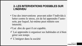 FIRSTUP
CONSULTANTS
2- LES INTERVENTIONS POSSIBLES SUR
L’INDIVIDU
• Une des interventions pouvant aider l’individu à
lutter contre le stress, est de lui apprendre l’auto-
soin, par lequel, lui-même peut réduire son
intensité.
Lui dire de quoi il est capable.
 Lui apprendre à organiser ses habitudes et à bien
gérer son temps
 L’intégrer dans la société
 