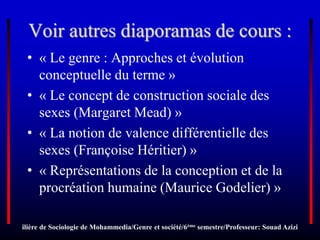 Voir autres diaporamas de cours :
• « Le genre : Approches et évolution
conceptuelle du terme »
• « Le concept de construction sociale des
sexes (Margaret Mead) »
• « La notion de valence différentielle des
sexes (Françoise Héritier) »
• « Représentations de la conception et de la
procréation humaine (Maurice Godelier) »
ilière de Sociologie de Mohammedia/Genre et société/6ème semestre/Professeur: Souad Azizi
 