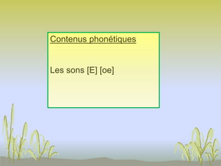 Contenus phonétiques
Les sons [E] [oe]
 