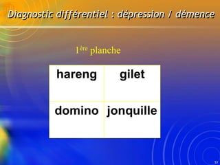 53
1ère planche
Diagnostic différentiel : dépression / démence
hareng gilet
domino jonquille
 