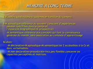 6
MEMOIRE A LONG TERME
§ Plusieurs subdivisions=s/systèmes en fonction du contenu.
§-M.episodique:référence au souvenir co...