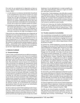 D’un point de vue opérationnel, le diagnostic se base sur 
l’un ou l’autre des critères suivants (Expertise collective de 
l’Inserm, 2007) : 
1. La note obtenue à une épreuve standardisée d’exactitude 
ou de compréhension de la lecture se situe à au moins 
deux écarts-types en dessous du niveau escompté, 
compte tenu de l’âge chronologique et de l’intelligence 
générale de l’enfant ; l’évaluation des performances en 
lecture et du quotient intellectuel (QI) doit se faire avec 
des tests administrés individuellement et standardisés en 
fonction de la culture et du système scolaire de l’enfant. 
2. Antécédents de difficultés sévères en lecture, ou de résul-tats 
de tests ayant répondu au critère 1 à un âge antérieur ; 
en outre le résultat obtenu à un test d’orthographe se 
situe à au moins deux écarts-types en dessous du niveau 
escompté, compte tenu de l’âge chronologique et du QI. 
Il découle de ces critères diagnostiques que le diagnostic de 
la dyslexie est en principe pluridisciplinaire (cf. Section 4.3). 
Il fait appel, au strict minimum, à un test de lecture et à un 
test de QI, mais implique plus généralement à la fois un 
bilan orthophonique et un bilan neuropsychologique, qui 
permettent de bien cerner le profil de l’enfant. Le cas échéant 
des examens complémentaires (ophtalmologiques, psychia-triques…) 
peuvent être requis. Ces bilans sont normalement 
prescrits et interprétés par un médecin formé à cet exercice, 
qui est donc responsable du diagnostic de dyslexie. 
3. ABTLAEU CLIINQEU 
3.1. Symptomatologie 
C’est au niveau comportemental que se définit la symptoma-tologie 
de la dyslexie. Comme nous l’avons dit, le symptôme 
définitoire est le trouble de lecture. Typiquement, l’enfant 
dyslexique a des difficultés particulières avec l’identification 
des mots, plutôt qu’au niveau de la compréhension du 
texte. Plus précisément, dans la mesure où il a identifié les 
mots d’une phrase, les capacités de compréhension écrite 
de l’enfant dyslexique correspondent à ses capacités de 
compréhension orale (qui sont souvent préservées). Le 
facteur limitant sa compréhension écrite est l’identification 
des mots (ce qui le distingue souvent de la plupart des 
autres enfants en difficultés de lecture). L’enfant dyslexique 
a le plus souvent de grosses difficultés à acquérir les 
correspondances graphèmes-phonèmes, et par conséquent 
à décoder les mots selon la procédure phonologique (ce 
qui se voit bien en lecture de pseudo-mots). Cette limitation 
initiale entrave l’acquisition du lexique orthographique, dont 
dépend l’automatisation de la lecture, à moins que l’enfant 
ne dispose de très bonnes capacités de discrimination et 
de mémoire visuelle, qui lui permettraient de compenser 
spontanément (dans de rares cas) par une mémorisation 
directe de la forme visuelle des mots. 
Du fait du retard que prend l’enfant dyslexique dans l’acqui-sition 
de la lecture, certaines manifestations d’une lecture 
immature, visibles chez de nombreux enfants en tout début 
d’apprentissage (confusions entre lettres, lecture en miroir…), 
peuvent perdurer plus longtemps que la normale chez l’enfant 
dyslexique. Ils sont généralement un simple symptôme du 
retard dans l’apprentissage, plutôt qu’un signe d’un déficit 
plus spécifique (notamment visuel). 
En second lieu, l’enfant dyslexique a des difficultés à acquérir 
l’orthographe des mots. Il s’agit bien évidemment d’un autre 
aspect du même problème, à savoir les difficultés d’appren-tissage 
des correspondances graphèmes-phonèmes et 
phonèmes-graphèmes, et la pauvreté du lexique orthogra-phique 
qui en découle. Comme nous le verrons ci-dessous, 
c’est souvent le symptôme le plus durable. 
Comme pour beaucoup de troubles développementaux, 
on observe que la dyslexie touche plus fréquemment les 
garçons que les filles (de l’ordre de 2 garçons pour 1 fille), 
sans que l’on ait d’explication totalement satisfaisante pour 
ce phénomène. 
3.2. Troubles associés et comorbidités 
Une caractéristique remarquable de la dyslexie est qu’elle 
vient rarement seule. De fait tous les troubles développemen-taux 
semblent avoir une tendance à s’agréger les uns aux 
autres. On parle de troubles associés, voire de comorbidité 
lorsque l’enfant cumule les critères diagnostiques officiels 
de plusieurs troubles. 
En premier lieu, l’enfant dyslexique a souvent des troubles 
de langage oral, qui peuvent être relativement bénins (léger 
retard d’apparition du langage, léger manque du mot, faible 
mémoire verbale à court terme) ou, dans certains cas, 
justifier un véritable diagnostic de trouble spécifique du 
langage oral. Par exemple, une étude a trouvé que, parmi 
une cohorte d’enfants dyslexiques, 55 % avaient un niveau 
de langage oral au moins un écart-type sous la norme pour 
leur âge (McArthur, Hogben, Edwards, Heath & Mengler, 
2000). Inversement, un diagnostic de trouble du langage 
oral augmente très significativement le risque ultérieur 
de développer une dyslexie (Bishop & Snowling, 2 004 ; 
McArthur et al., 2000). Au-delà de la comorbidité réelle, il 
faut aussi noter qu’après quelques années d’école primaire, 
le niveau de langage des enfants dyslexiques peut avoir 
tendance à baisser (relativement aux enfants de même âge), 
du fait de l’influence croissante de la lecture sur l’acquisition 
du vocabulaire et des subtilités du langage. 
En second lieu, les enfants dyslexiques présentent souvent 
des troubles déficitaires de l’attention avec hyperactivité, à 
une fréquence estimée aux alentours de 30 % (Kadesjö & 
Gillberg, 2001). Cette comorbidité n’est pas réductible au fait 
que les difficultés rencontrées par les enfants dyslexiques 
peuvent les conduire à une perte de motivation et de 
concentration et à des comportements perturbateurs. 
On observe également souvent chez les enfants dyslexiques 
des troubles moteurs (dyspraxie, trouble de la coordination, 
dysgraphie). La prévalence de ces troubles peut atteindre 
50 % (Kaplan, Wilson, Dewey & Crawford, 1998) 
Au-delà de ces trois principales comorbidités, divers trou-bles 
associés sont fréquemment rapportés, incluant des 
problèmes d’orientation (notamment droite-gauche), de 
repérage dans le temps, d’arithmétique… Il y a de forts 
L’Information grammaticale n° 133, mars 2012 35 
 
