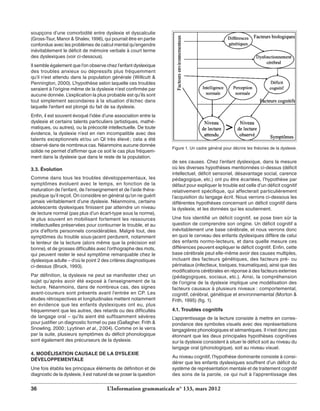 soupçons d’une comorbidité entre dyslexie et dyscalculie 
(Gross-Tsur, Manor & Shalev, 1996), qui pourrait être en partie 
confondue avec les problèmes de calcul mental qu’engendre 
inévitablement le déficit de mémoire verbale à court terme 
des dyslexiques (voir ci-dessous). 
Il semble également que l’on observe chez l’enfant dyslexique 
des troubles anxieux ou dépressifs plus fréquemment 
qu’il n’est attendu dans la population générale (Willcutt & 
Pennington, 2000). L’hypothèse selon laquelle ces troubles 
seraient à l’origine même de la dyslexie n’est confirmée par 
aucune donnée. L’explication la plus probable est qu’ils sont 
tout simplement secondaires à la situation d’échec dans 
laquelle l’enfant est plongé du fait de sa dyslexie. 
Enfin, il est souvent évoqué l’idée d’une association entre la 
dyslexie et certains talents particuliers (artistiques, mathé-matiques, 
ou autres), ou la précocité intellectuelle. De toute 
évidence, la dyslexie n’est en rien incompatible avec des 
talents exceptionnels et/ou un QI très élevé ; cela a été 
observé dans de nombreux cas. Néanmoins aucune donnée 
solide ne permet d’affirmer que ce soit le cas plus fréquem-ment 
dans la dyslexie que dans le reste de la population. 
3.3. Évolution 
Comme dans tous les troubles développementaux, les 
symptômes évoluent avec le temps, en fonction de la 
maturation de l’enfant, de l’enseignement et de l’aide théra-peutique 
qu’il reçoit. On considère en général qu’on ne guérit 
jamais véritablement d’une dyslexie. Néanmoins, certains 
adolescents dyslexiques finissent par atteindre un niveau 
de lecture normal (pas plus d’un écart-type sous la norme), 
le plus souvent en mobilisant fortement les ressources 
intellectuelles préservées pour contourner le trouble, et au 
prix d’efforts personnels considérables. Malgré tout, des 
symptômes du trouble sous-jacent perdurent, notamment 
la lenteur de la lecture (alors même que la précision est 
bonne), et de grosses difficultés avec l’orthographe des mots, 
qui peuvent rester le seul symptôme remarquable chez le 
dyslexique adulte – d’où le point 2 des critères diagnostiques 
ci-dessus (Bruck, 1993). 
Par définition, la dyslexie ne peut se manifester chez un 
sujet qu’après avoir été exposé à l’enseignement de la 
lecture. Néanmoins, dans de nombreux cas, des signes 
avant-coureurs sont présents avant l’entrée en CP. Les 
études rétrospectives et longitudinales mettent notamment 
en évidence que les enfants dyslexiques ont eu, plus 
fréquemment que les autres, des retards ou des difficultés 
de langage oral – qu’ils aient été suffisamment sévères 
pour justifier un diagnostic formel ou pas (Gallagher, Frith & 
Snowling, 2000 ; Lyytinen et al., 2 004). Comme on le verra 
par la suite, plusieurs symptômes du déficit phonologique 
sont également des précurseurs de la dyslexie. 
4. DMOÉLAIINOST AACSULE DE LA DSYLEEIX 
DÉVELOPPEMENTALE 
Une fois établis les principaux éléments de définition et de 
diagnostic de la dyslexie, il est naturel de se poser la question 
Figure 1. Un cadre général pour décrire les théories de la dyslexie. 
de ses causes. Chez l’enfant dyslexique, dans la mesure 
où les diverses hypothèses mentionnées ci-dessus (déficit 
intellectuel, déficit sensoriel, désavantage social, carence 
pédagogique, etc.) ont pu être écartées, l’hypothèse par 
défaut pour expliquer le trouble est celle d’un déficit cognitif 
relativement spécifique, qui affecterait particulièrement 
l’acquisition du langage écrit. Nous verrons ci-dessous les 
différentes hypothèses concernant un déficit cognitif dans 
la dyslexie, et les données qui les soutiennent. 
Une fois identifié un déficit cognitif, se pose bien sûr la 
question de comprendre son origine. Un déficit cognitif a 
inévitablement une base cérébrale, et nous verrons donc 
en quoi le cerveau des enfants dyslexiques diffère de celui 
des enfants normo-lecteurs, et dans quelle mesure ces 
différences peuvent expliquer le déficit cognitif. Enfin, cette 
base cérébrale peut elle-même avoir des causes multiples, 
incluant des facteurs génétiques, des facteurs pré- ou 
périnataux (infectieux, toxiques, traumatiques), ainsi que des 
modifications cérébrales en réponse à des facteurs externes 
(pédagogiques, sociaux, etc.). Ainsi, la compréhension 
de l’origine de la dyslexie implique une modélisation des 
facteurs causaux à plusieurs niveaux : comportemental, 
cognitif, cérébral, génétique et environnemental (Morton & 
Frith, 1995) (fig. 1). 
4.1. Troubles cognitifs 
L’apprentissage de la lecture consiste à mettre en corres-pondance 
des symboles visuels avec des représentations 
langagières phonologiques et sémantiques. Il n’est donc pas 
étonnant que les deux principales hypothèses cognitives 
sur la dyslexie consistent à situer le déficit soit au niveau du 
langage oral (phonologique), soit au niveau visuel. 
Au niveau cognitif, l’hypothèse dominante consiste à consi-dérer 
que les enfants dyslexiques souffrent d’un déficit du 
système de représentation mentale et de traitement cognitif 
des sons de la parole, ce qui nuit à l’apprentissage des 
36 L’Information grammaticale n° 133, mars 2012 
 