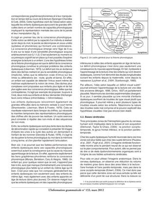 correspondances graphèmes/phonèmes et à leur manipula-tion 
en temps réel au cours de la lecture (Sprenger-Charolles 
& Colé, 2003). Cette hypothèse vient de l’observation selon 
laquelle les enfants dyslexiques éprouvent de grandes diffi-cultés 
dans un certain nombre de capacités phonologiques 
impliquant la représentation mentale des sons de la parole 
et leur manipulation (fig. 2). 
Il s’agit en premier lieu de la conscience phonologique. 
Cette notion se définit par la capacité d’un individu à réaliser 
qu’en deçà du mot, la parole se décompose en sous-unités 
(syllabes et phonèmes) qui forment une combinatoire. 
La conscience phonologique émerge vers l’âge de 5 ou 
6 ans sur la base d’une sensibilité phonologique acquise 
antérieurement (voir § 1.1.2). C’est seulement au moment où 
ce prérequis cognitif est en place qu’il est possible d’espérer 
enseigner la lecture à un enfant. L’une des hypothèses fortes 
de la théorie phonologique est que le déficit de la conscience 
phonologique constitue le principal problème des enfants 
dyslexiques (Liberman, 1973). Le déficit est mis en évidence 
dans des tâches mettant en jeu la sensibilité phonologique 
(implicite), telles que la détection orale d’intrus sur les 
rimes ou allitérations (ex : route, goutte et barre). En effet, 
un enfant est capable de détecter l’intrus avant même de 
maîtriser explicitement la notion de rimes. Des tâches plus 
complexes sont proposées aux enfants plus âgés et de fait 
plus agiles avec leur conscience phonologique, telles que les 
contrepèteries. Il s’agit par exemple de proposer, toujours à 
l’oral, deux mots aux enfants et de leur demander d’échanger 
leurs sons initiaux (citron/bateau ⇒ bitron/sateau). 
Les enfants dyslexiques rencontrent également de 
grandes difficultés dans la mémoire verbale à court terme 
(Shankweiler, Liberman, Mark & Fowler, 1979). Cela se 
manifeste notamment dans l’empan de chiffres, qui nécessite 
le maintien temporaire des représentations phonologiques 
des chiffres afin de pouvoir les restituer. Un autre exercice 
peut consister à répéter des non-mots et des séquences 
de non-mots. 
Enfin, les enfants dyslexiques sont plus lents dans les tâches 
de dénomination rapide qui consistent à présenter 50 images 
d’objets les unes à la suite des autres en demandant à 
l’enfant de les nommer (Denckla & Rudel, 1976). Il s’agit là 
de récupérer la forme phonologique du mot dans la mémoire 
à long terme, et d’en planifier rapidement l’articulation. 
Bien sûr, il se pourrait que les faibles performances des 
enfants dyslexiques dans ces capacités phonologiques 
soient tout autant la conséquence que la cause du mauvais 
apprentissage de la lecture. En effet, apprendre explicitement 
les liens graphèmes-phonèmes renforce la conscience 
phonémique (Morais, Bertelson, Cary & Alegria, 1986). Un 
enfant qui, pour quelque raison que ce soit, n’apprend pas 
bien à lire, aura (par manque d’entraînement) une conscience 
phonologique plus faible qu’un enfant du même âge qui lit 
bien. C’est pour cela que l’on compare généralement les 
enfants dyslexiques non seulement avec des enfants du 
même âge, mais également avec des enfants appariés en 
âge de lecture (donc plus jeunes). On observe malgré tout 
que les enfants dyslexiques ont des capacités phonologiques 
Figure 2. Un cadre général pour la théorie phonologique. 
inférieures à celles des enfants appariés en âge de lecture. 
Le déficit phonologique n’est donc pas seulement une 
conséquence du mauvais apprentissage. En fait, il préexiste à 
l’apprentissage de la lecture chez les enfants qui vont devenir 
dyslexiques, comme l’ont démontré des études longitudinales 
suivant les enfants depuis la maternelle, voire depuis la 
naissance (Lyytinen et al., 2 004 ; Scarborough, 1990). 
Par ailleurs, l’idée selon laquelle un déficit visuel subtil 1 
pourrait entraver l’apprentissage de la lecture est une idée 
très ancienne (Morgan, 1896 ; Orton, 1937) et parfaitement 
plausible. Néanmoins les données expérimentales divergent. 
À ce jour, il semble plausible qu’une minorité d’enfants 
dyslexiques souffrent de troubles de type visuel plutôt que 
phonologique. Il pourrait même y avoir plusieurs types de 
troubles visuels selon les enfants. Néanmoins la nature 
des troubles reste mal comprise et le pouvoir explicatif des 
hypothèses visuelles n’est pas encore bien établi. 
4.2. Bases cérébrales 
Trois principales zones de l’hémisphère gauche du cerveau 
humain sont impliquées dans la lecture et son acquisition 
(Démonet, Taylor & Chaix, 2 004) : la jonction occipito-temporale, 
le gyrus frontal inférieur, et la jonction pariéto-temporale. 
Chez les sujets dyslexiques l’activité neuronale dans ces trois 
zones est plus faible que chez des sujets témoins (Paulesu 
et al., 2001 ; Pugh et al., 2001). L’imagerie cérébrale fonction-nelle 
montre ainsi le pendant neural de ce qui est observé 
sur le plan comportemental. Pour autant, elle ne permet pas 
de dire si de réels dysfonctionnements organiques sont à 
l’origine de ces faibles activations cérébrales. 
Pour cela on peut utiliser l’imagerie anatomique. Dans le 
cerveau dyslexique, on observe une réduction du volume 
de matière grise dans deux des aires liées à la lecture : 
l’aire frontale et l’aire pariéto-temporale, mais pas dans la 
zone occipito-temporale (Eckert, 2 004). Ce n’est donc pas 
parce que cette dernière zone est sous-activée qu’elle est 
déficiente d’un point de vue structural. Dans la mesure où 
1. Il ne pourrait être que subtil puisque la définition de la dyslexie exclut 
les principaux troubles ophtalmologiques non corrigés. 
L’Information grammaticale n° 133, mars 2012 37 
 