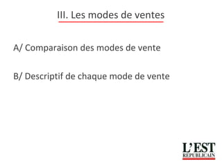 III. Les modes de ventes A/ Comparaison des modes de vente B/ Descriptif de chaque mode de vente 